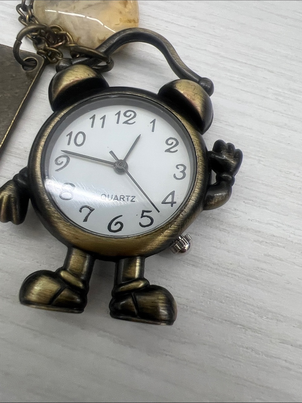 Vintage-Inspired Bronze Tone Alarm Clock Pendant Necklace with Cream Stone - Picture 3 of 7